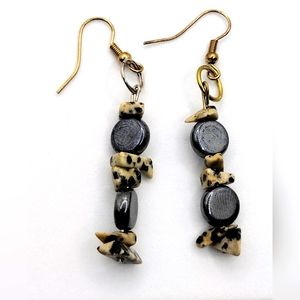 Costume Fashion Dangle Earrings with Charcoal Gray and Leopard Beading